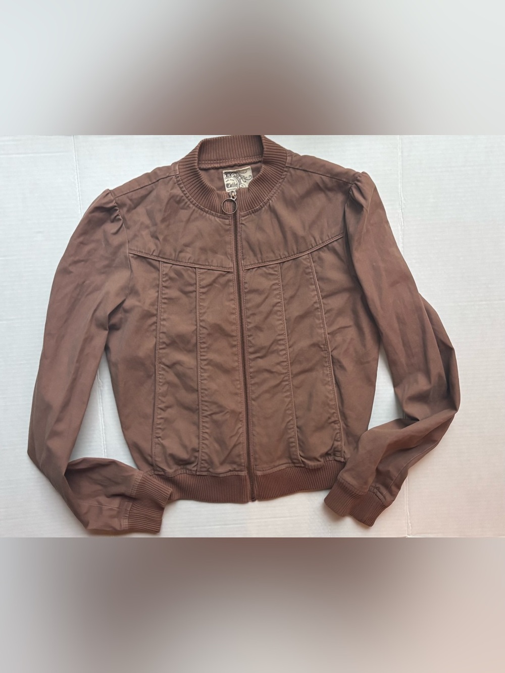 Tulle Brown cotton bomber puff sleeve jacket fall downtown girl zip up Y2K